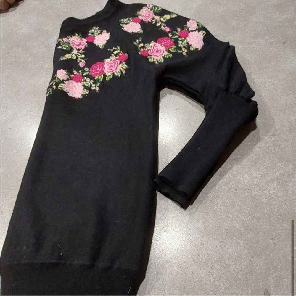 VTG WoolBlend Black Long Sleeve Knit Sweater W/Multi-Floral Embroidery-EUC Sz S - Picture 12 of 16